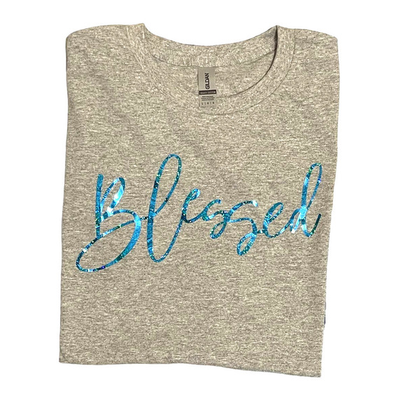 Blessed Custom T-Shirt Unisex Large Gray‎ with Metallic Blue Graphic Christian - Picture 1 of 5